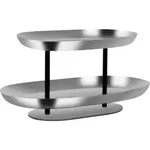 Chef Inox 2-tier seafood stand side view with polished silver oval trays and black cylindrical posts