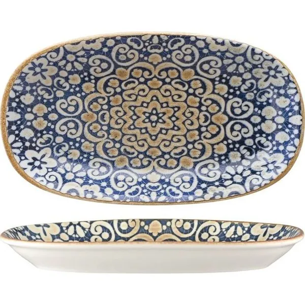 Bonna Alhambra Oval Coupe Dish in top-down and side views, showing deep cobalt blue interior with gold medallion and white exterior.