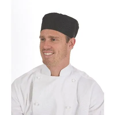 Flat Top Chefs Hat - Black - 200gsm 65% Polyester, 35% Cotton. Rear Adjustable Hook & Loop Fasteners.
