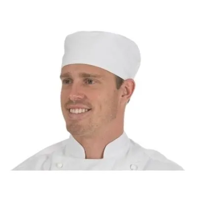Flat Top Chefs Hat - White - 200gsm 65% Polyester, 35% Cotton. Rear Adjustable Hook & Loop Fasteners.