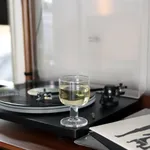 Close-up of the Bormioli Rocco Hosteria Medium Wine glass filled with white wine, featuring a short thick stem and circular foot on a turntable platter.