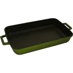 Close-up of the Lava Rect Dish-370x200mm showing its matte olive-green exterior, dark non-stick interior, and integrated side handles.