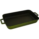 Lava Rect Dish 370x200mm high-angle view showing matte olive-green exterior and dark non-stick interior with loop handles