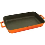 Lava Rect Dish 370x200mm side view showing orange exterior, dark non-stick interior, and integrated handles