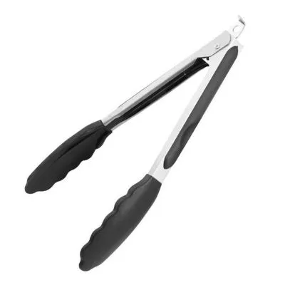 23cm Black Silicone Head Stainless Steel Tongs