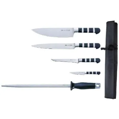 Dick 1905 5 Piece Knife Kit With Roll Case. Includes 9cm Paring Knife, 15cm Boning Knife, 21cm Slicer, 21cm Chefs Knife And A 30cm Sharpening Steel.