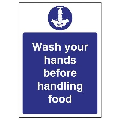 Vogue Wash Hands Before Handling Food Sign Self-Adhesive-300x200mm 11 3/4x7 3/4"