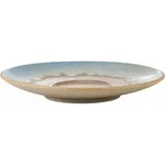 Sandy Beige Espresso Saucer 143mm side profile showing shallow wide-dish form with upturned rim and mottled gl