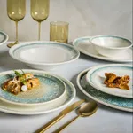 Bonna Rivus Line Round Coupe Plate 270mm in use, featuring a blue and white geometric rim pattern with a plated dish.
