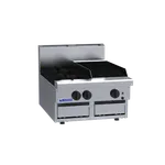 Luus 600mm gas cooktop with 300mm chargrill, angled front view showing stainless steel surface, black knobs, and blue logo.