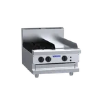 600mm commercial gas cooktop with 300mm griddle, front three-quarter view showing cast-iron grates and stainless steel body