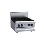 Luus Professional Series 4 Burner Cooktop angled close-up showing stainless steel body, black cast-iron grates, and four control knobs.