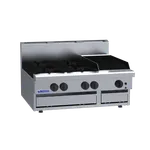 Luus 900mm 4 burner gas cooktop with 300mm chargrill, three-quarter view showing black knobs and stainless steel splashback