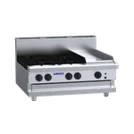 Luus Professional Series 900mm Cooktop angled front view showing five black knobs, blue logo, and cast-iron griddle
