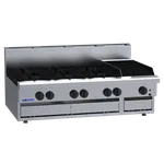 Luus 1200mm 6 burner gas cooktop with 300mm chargrill, angled front view showing stainless steel body and black cast-iron grates