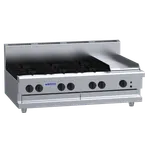 Luus 1200mm 6 burner gas cooktop with 300mm griddle, angled front view showing stainless steel body and black cast-iron grate