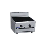 Luus Cs-6c Professional Freestanding 600mm Chargrill from a front-three-quarter angle, showing the black ribbed grill, blue logo, and two control knobs.