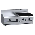 Luus 1200mm gas griddle and chargrill unit, angled front view showing stainless steel body, flat griddle, ribbed plate, and four control knobs.