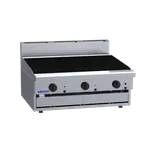 Luus Professional Series 900mm Chargrill angled front view showing stainless steel body, black ribbed grill, and three control knobs