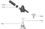 Kayser Measuring Tube parts diagram showing black ribbed cap, pump head, grey key tool, and white piston assembly
