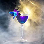 Libbey Nick and Nora glass in use, filled with blue-purple liquid and garnished with an orchid on the rim
