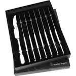 Stanley Rogers 8pc Steak Knife Set in black presentation box, high angle view showing serrated knife and seven forks in foam slots