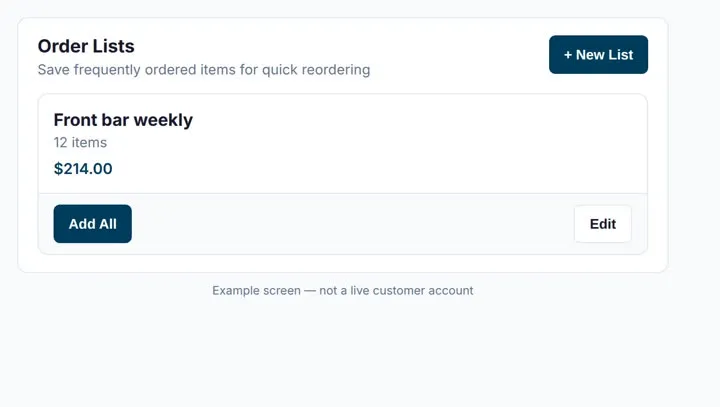Example Order Lists screen with New List and Add All