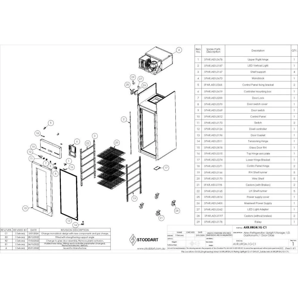 Airex Single Glass Door Upright Refrigerated Storage AXR.URGN.1G - To suit 2/1GN