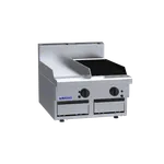Luus 600mm gas griddle and chargrill unit, angled front view showing stainless steel body, flat plate, ribbed grill, and control knobs.