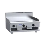 Luus CS-9P 900mm commercial gas griddle cooktop in a three-quarter front view, showing the polished stainless steel surface and control knobs.