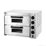 Bakermax Compact Countertop Double Deck Electric oven angled view showing stainless steel body, black handles, and side control panel
