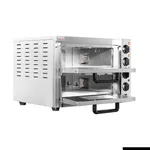 Baker Max Compact Countertop Double Deck Electric oven from a three-quarter angle with doors open, revealing racks and four black rotary dials.