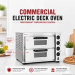 Baker Max double-deck electric oven front view with stainless steel body, glass doors, and red callouts indicating independent temperature controls.