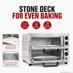 Baker Max double-deck oven diagram with doors open, highlighting stone decks and heating elements with red lines