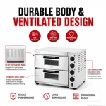Infographic of the Bakermax Compact Countertop Double Deck Electric oven highlighting its stainless steel body and rear ventilation panel.
