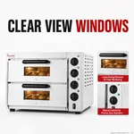 Baker Max double-deck oven front view with glass doors and close-ups of black rotary dials and indicator lights