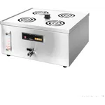 Benchstar Electric Steamer angled view showing brushed stainless steel body, black digital panel with red display, and side water gauge.