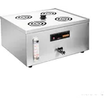 Benchstar Electric Steamer from a three-quarter angle, featuring a stainless steel body, four black burner grates, and a front digital control panel.