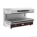 Benchstar Electric Salamander from a side angle, showing stainless steel body, black control panel with red trim, and open hinged top.