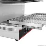 Benchstar Electric Salamander close-up side view showing brushed stainless steel housing, ventilation slots, and partially extended wire warming rack.