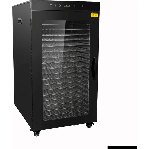 Benchstar Food Dehydrator with 24 Trays, a tall black unit on caster wheels with a glass door and digital control panel