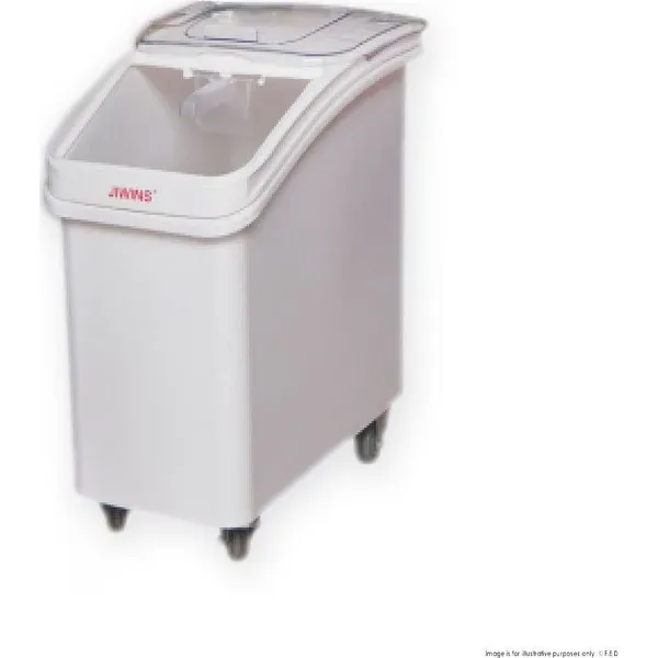 White 102L Food and Ingredients Bin on Castors by JWINS, featuring a hinged lid, front spout, and four black wheels.