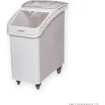 Food Tek 102L bin on castors, angled close-up with hinged lid open to reveal a clear plastic scoop inside.