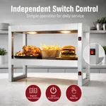 Benchstar Commercial Food Warmer with 4 Lamps Fw4l in use on a countertop holding food, featuring red rocker switches and an open stainless steel frame.