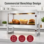 Benchstar Commercial Food Warmer with 4 Lamps Fw4l in use on a marble counter holding a chicken, fries, and burger under two illuminated lamps.