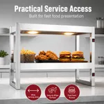 Benchstar Commercial Food Warmer with 4 Lamps Fw4l in use on a counter holding fries, chicken, and burgers under two illuminated lamps.