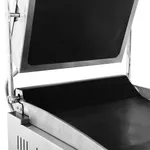 Benchstar Electric Grill Station Gh 816 close-up side view showing the open lid, black non-stick surface, and stainless steel hinge with spring.