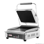 Benchstar Electric Grill Station Gh 816 from a front-three-quarter angle with lid raised, showing black non-stick plates and stainless steel body.