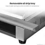 Close-up of the Benchstar Electric Grill Station Gh 819 showing the removable stainless steel oil drip tray slid out from the lower front corner.
