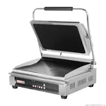 Benchstar Electric Grill Station Gh 819 with lid open, showing black non-stick plates and stainless steel body with control panel.